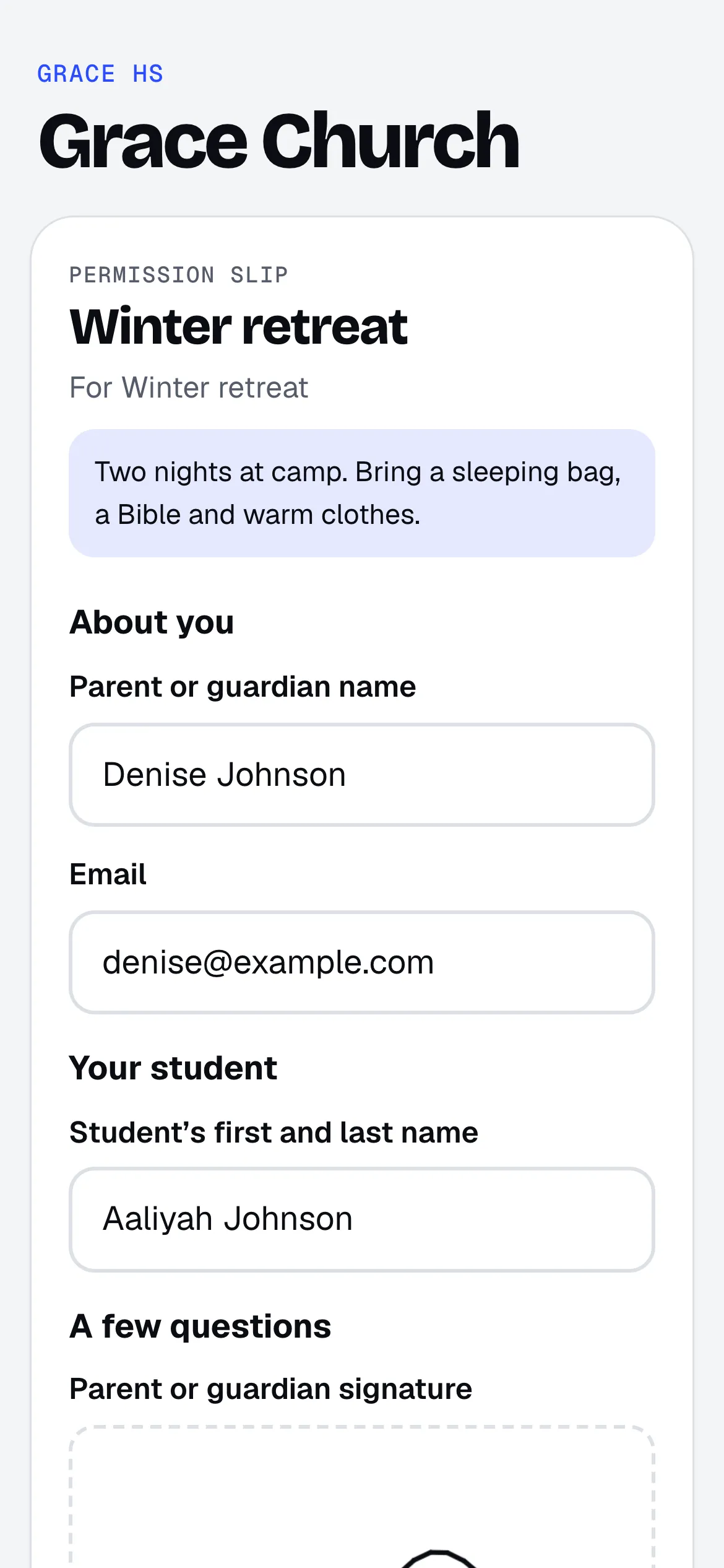 The permission slip a parent fills in on their phone