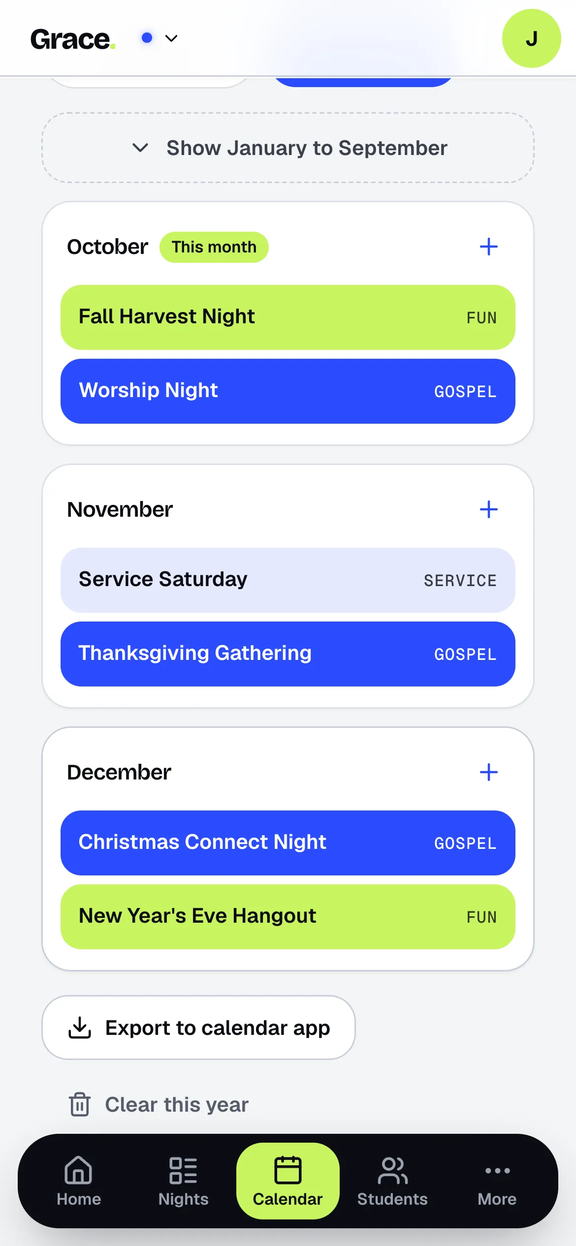 Year calendar with events in each month