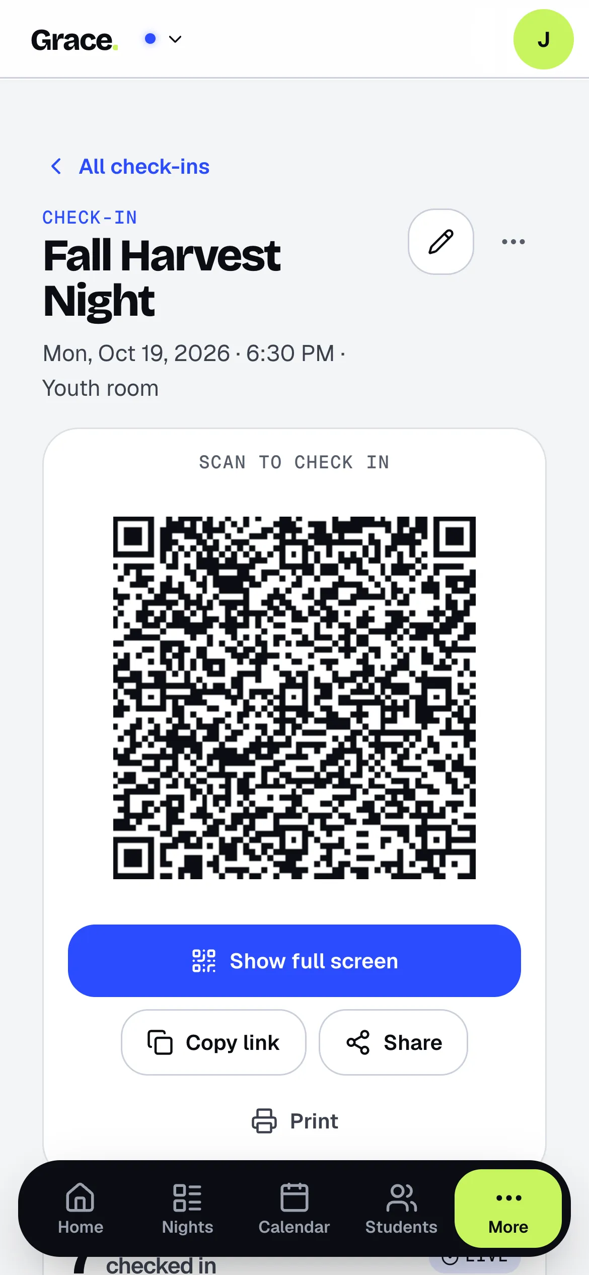 Check-in screen for Fall Harvest Night with the QR code students scan