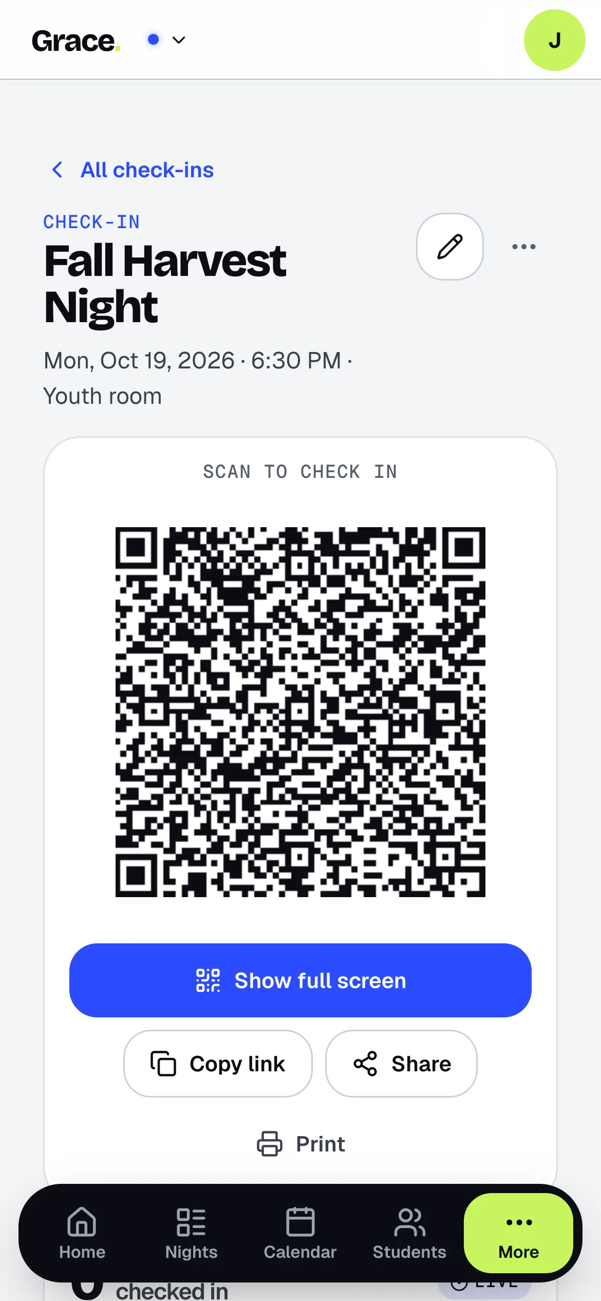Check-in QR code for students to scan