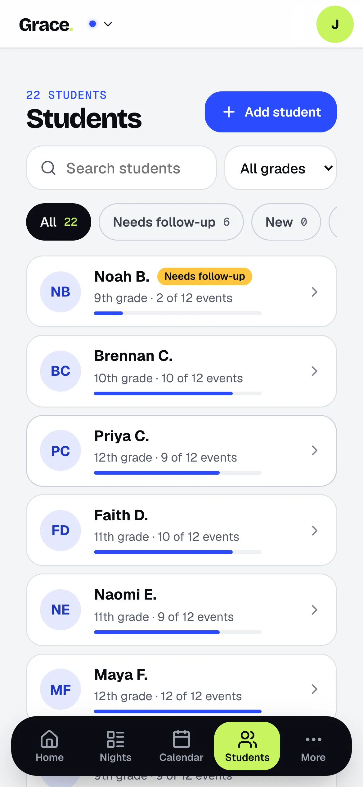 Student roster with grades and attendance