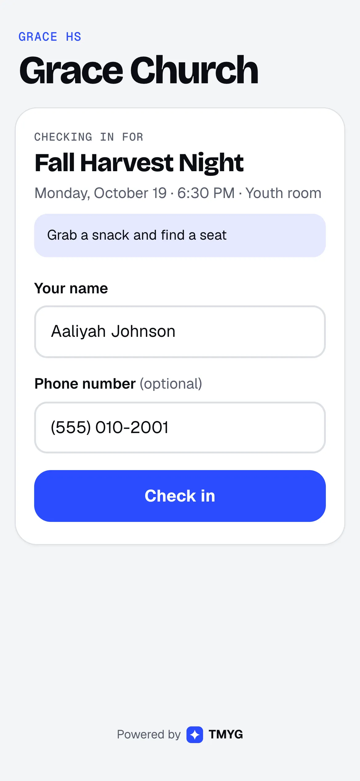 The page a student sees after scanning: name and phone